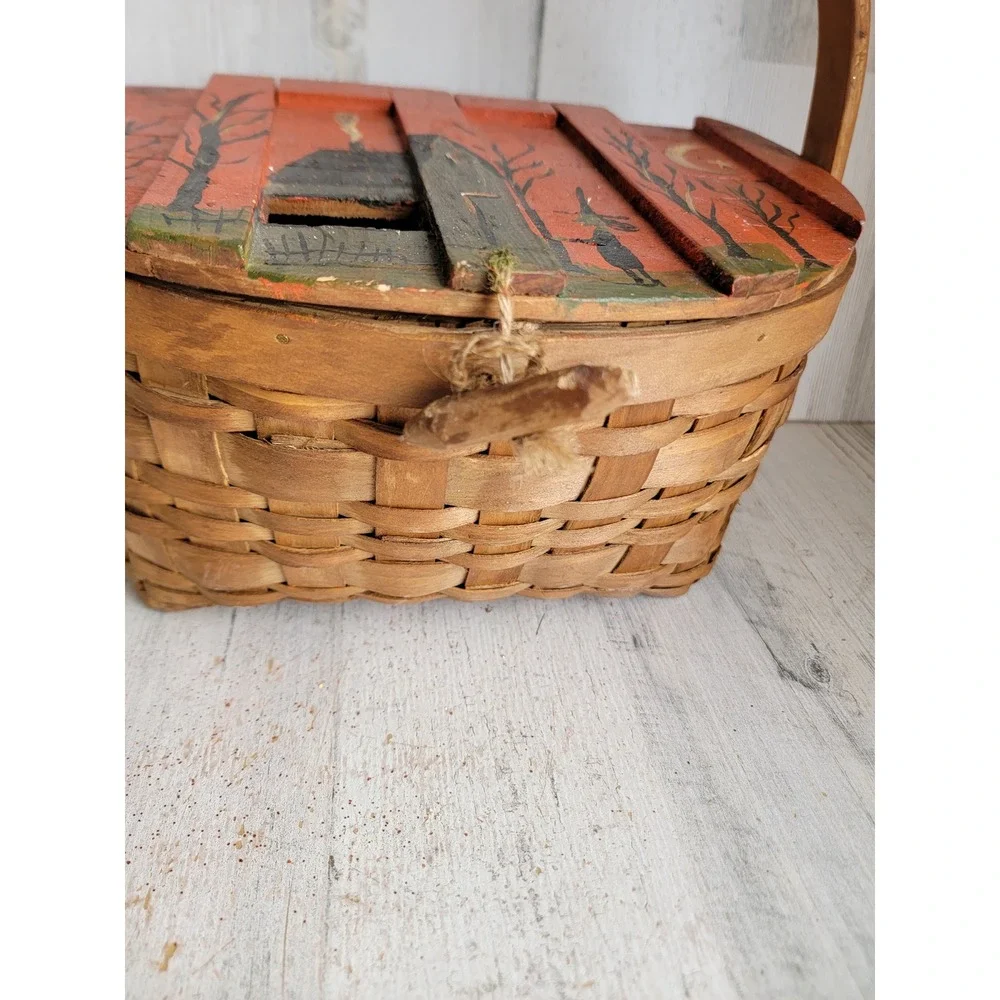 Unique vintage wooden trick or treat Halloween basket candy slot haunted house